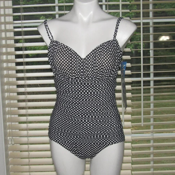 MAGICSUIT Black White Polka Dot Ruched Tankini Style One-Piece Swimsuit 12 - Picture 1 of 6